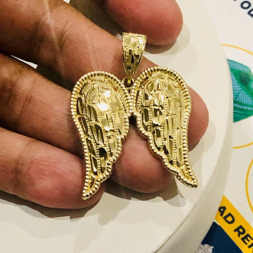 10k Real Gold custom made diamond cut angel wing pendant, solid gold angel charm - Picture 6 of 9